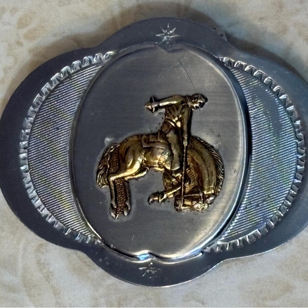 Vintage Silver and Gold Color Bucking Bronco Western Belt Buckle Made in Japan
